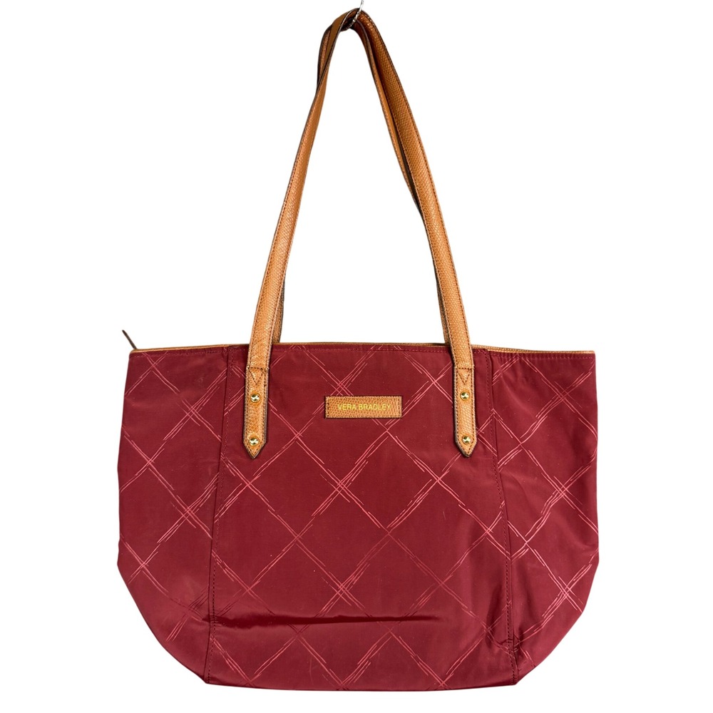 Vera Bradley Burgundy Nylon Tote Bag Tan Trim Geometric Pattern Shoulder Bag